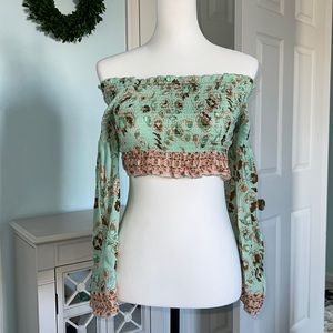 RAGA Off Shoulder Bell Flare Sleeve Scrunch Crop Top Teal Tan and Peach Floral